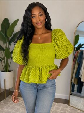 Square-Neck Smocked Peplum Top in Lime Green